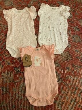 3 NEW (one with tags) Organic Rabbit Bear Girls Baby Onesies Size 6-9month